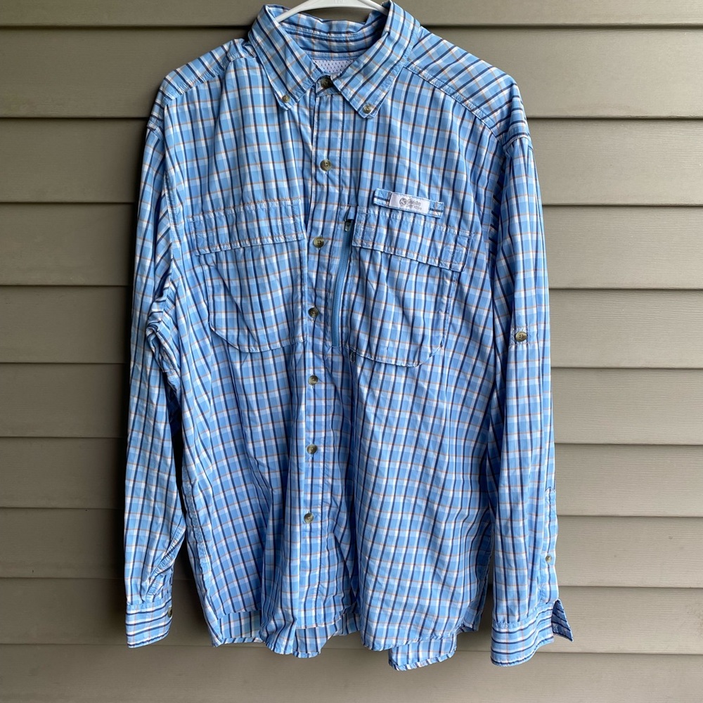 EUC Gander Series  Large fishing/sun shirt blue and orange plaid